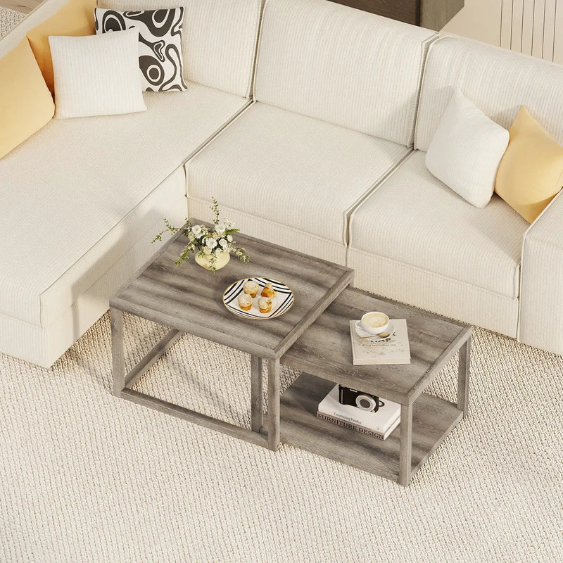Nesting Coffee Table Set of 2 Stackable Rectangular End Tables-Gray by DirectDeals