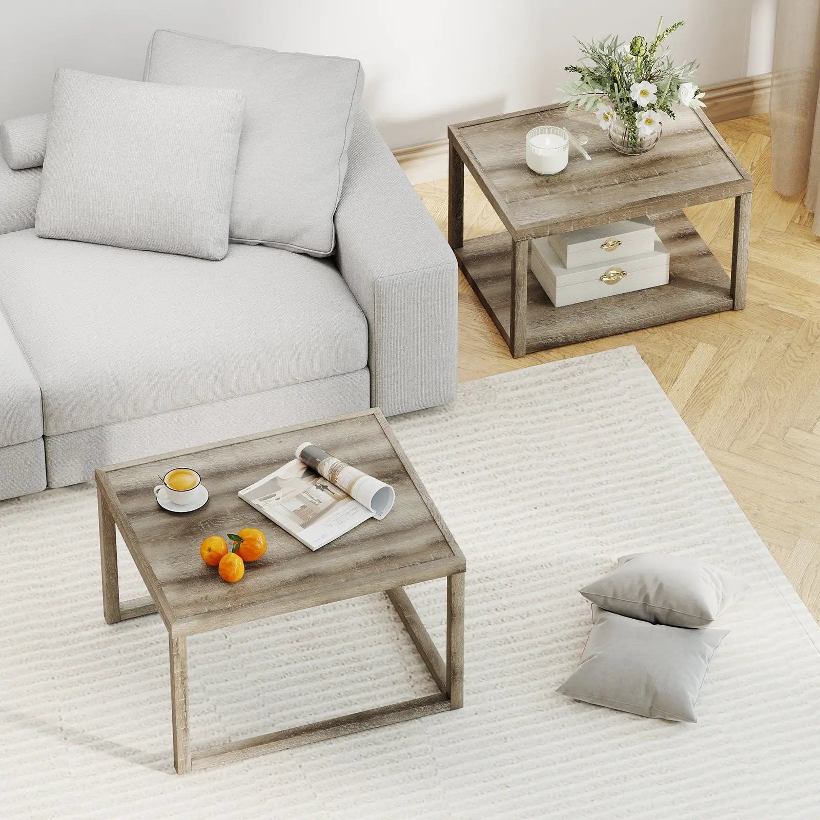 Nesting Coffee Table Set of 2 Stackable Rectangular End Tables-Gray by DirectDeals