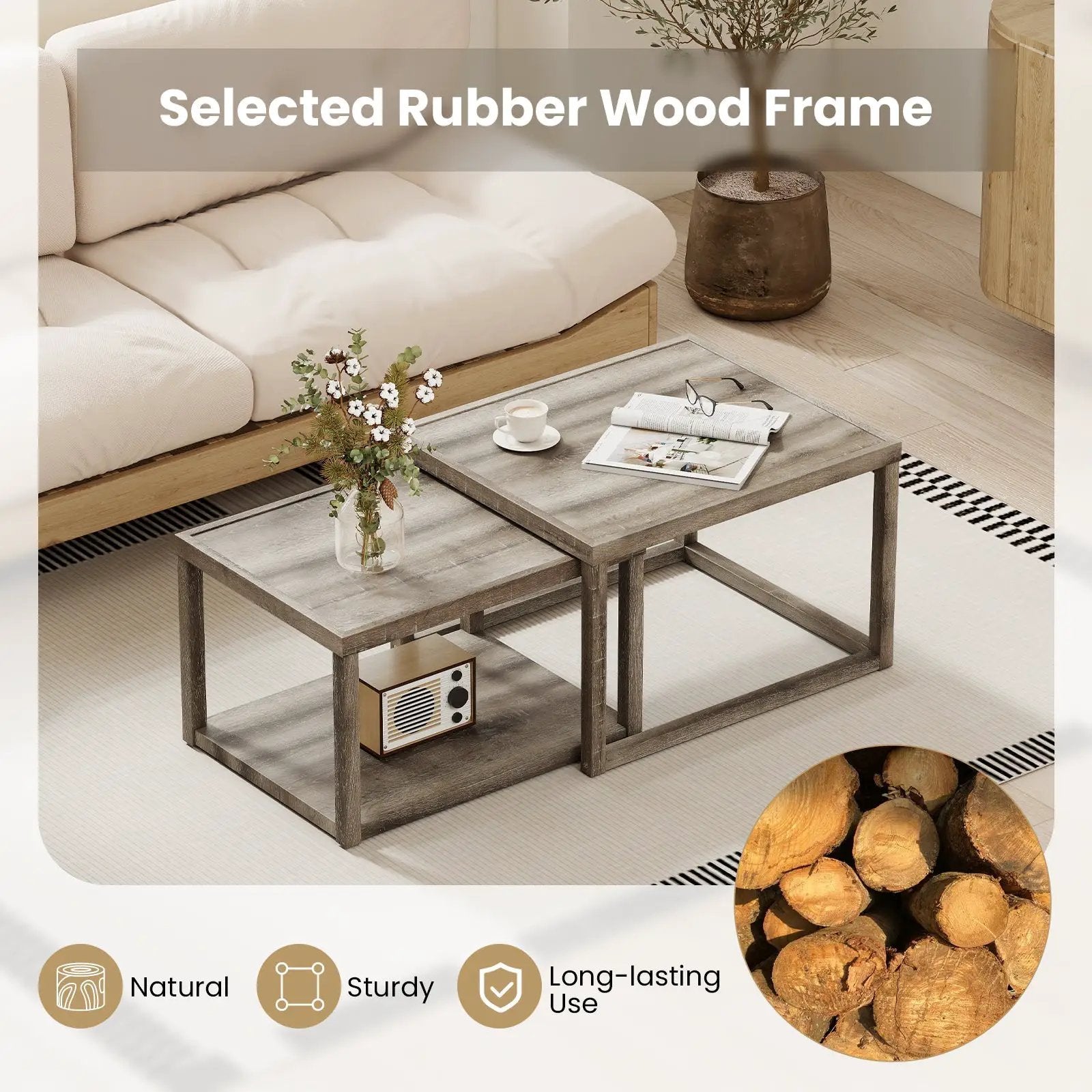 Nesting Coffee Table Set of 2 Stackable Rectangular End Tables-Gray by DirectDeals