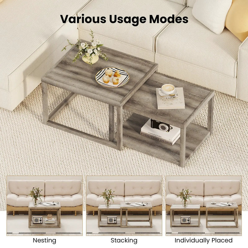 Nesting Coffee Table Set of 2 Stackable Rectangular End Tables-Gray by DirectDeals