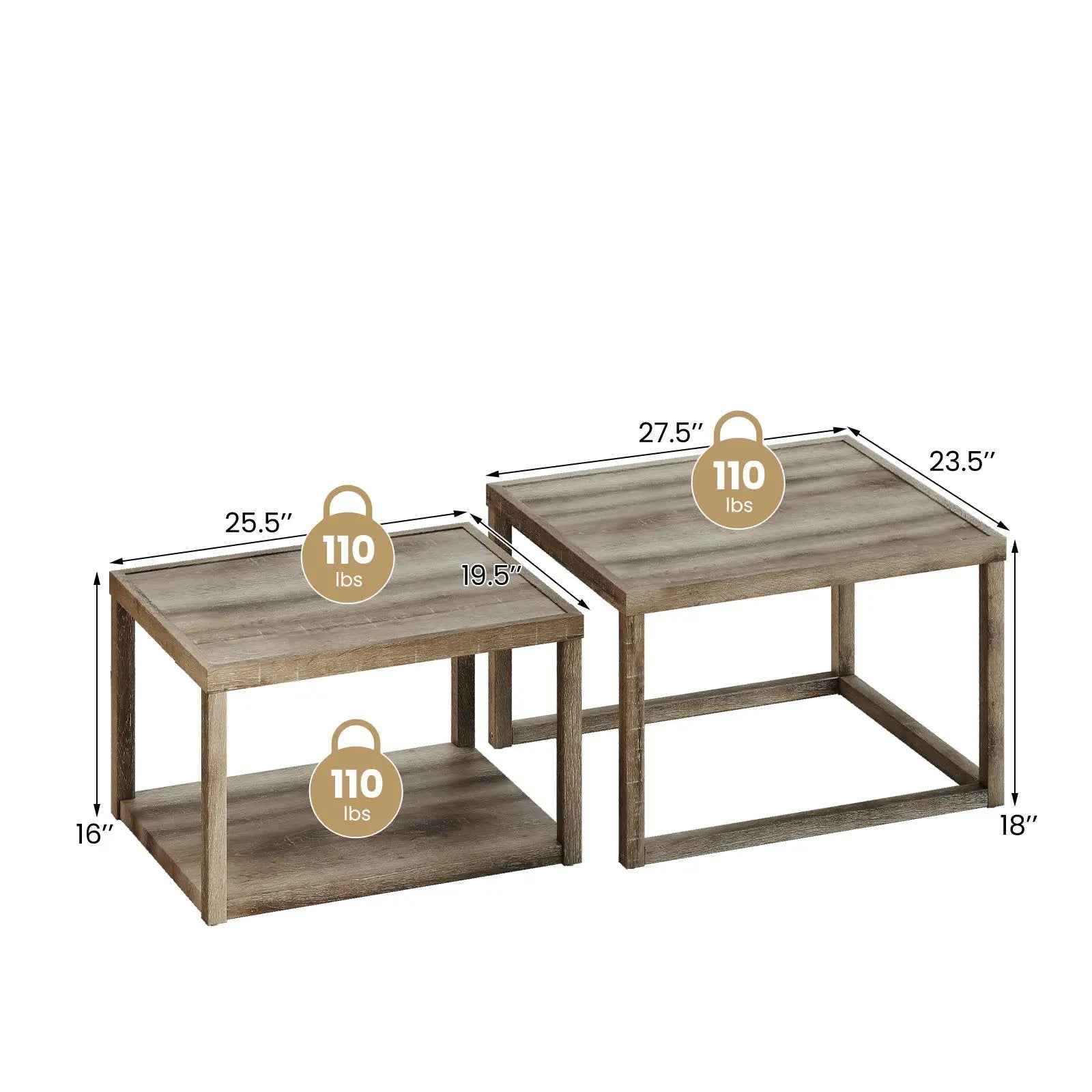 Nesting Coffee Table Set of 2 Stackable Rectangular End Tables-Gray by DirectDeals