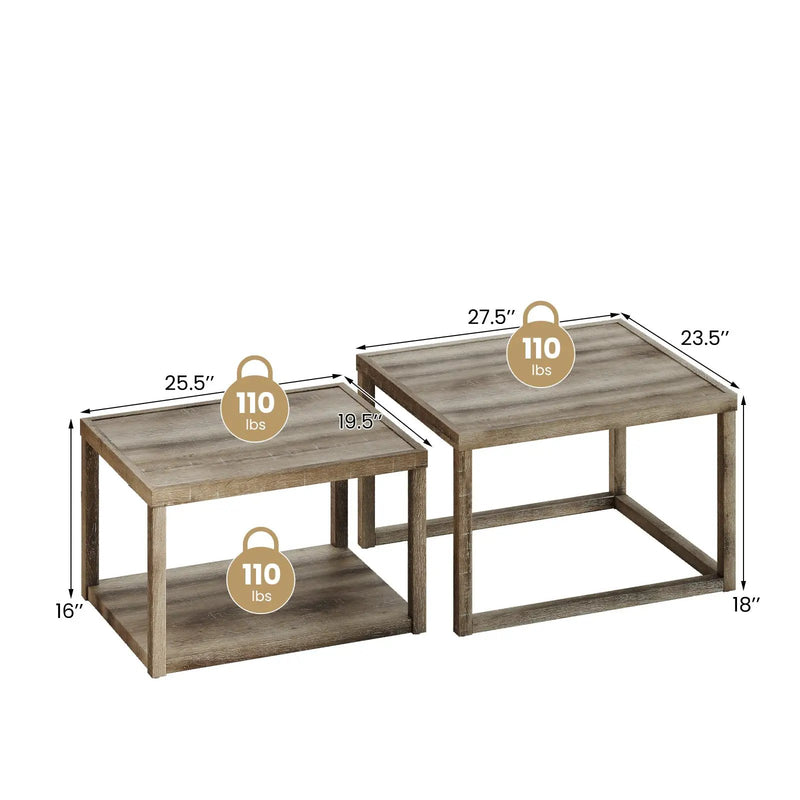 Nesting Coffee Table Set of 2 Stackable Rectangular End Tables-Gray by DirectDeals