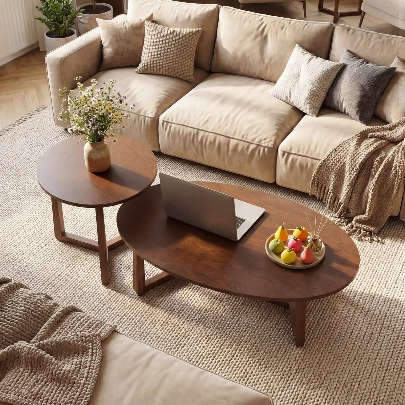 Nesting Coffee Table Set of 2 with Wood Veneered Top and Solid Rubber Wood Legs by DirectDeals