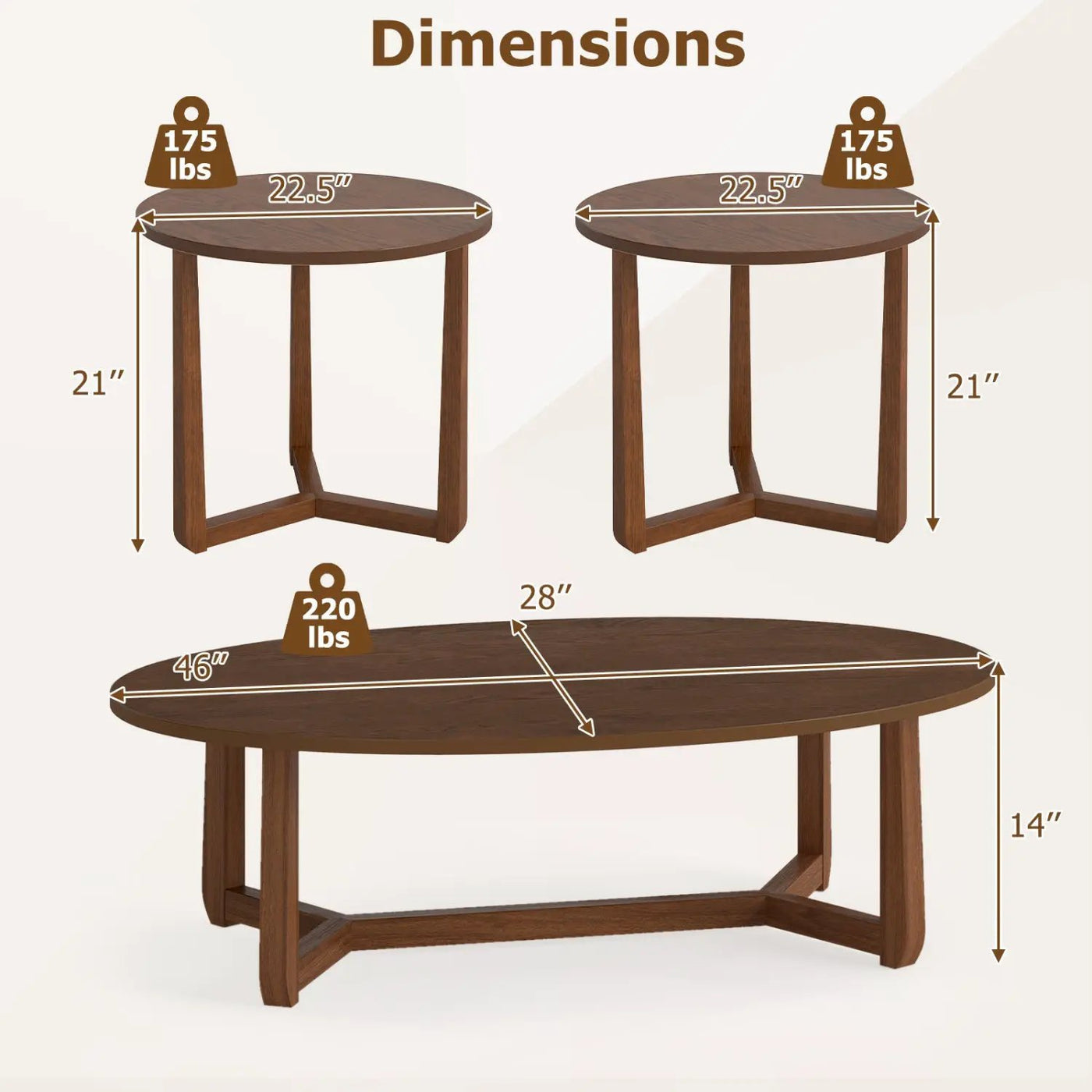 Nesting Coffee Table Set of 3 with Wood Veneered Top and Solid Rubber Wood Legs for Living Room by DirectDeals
