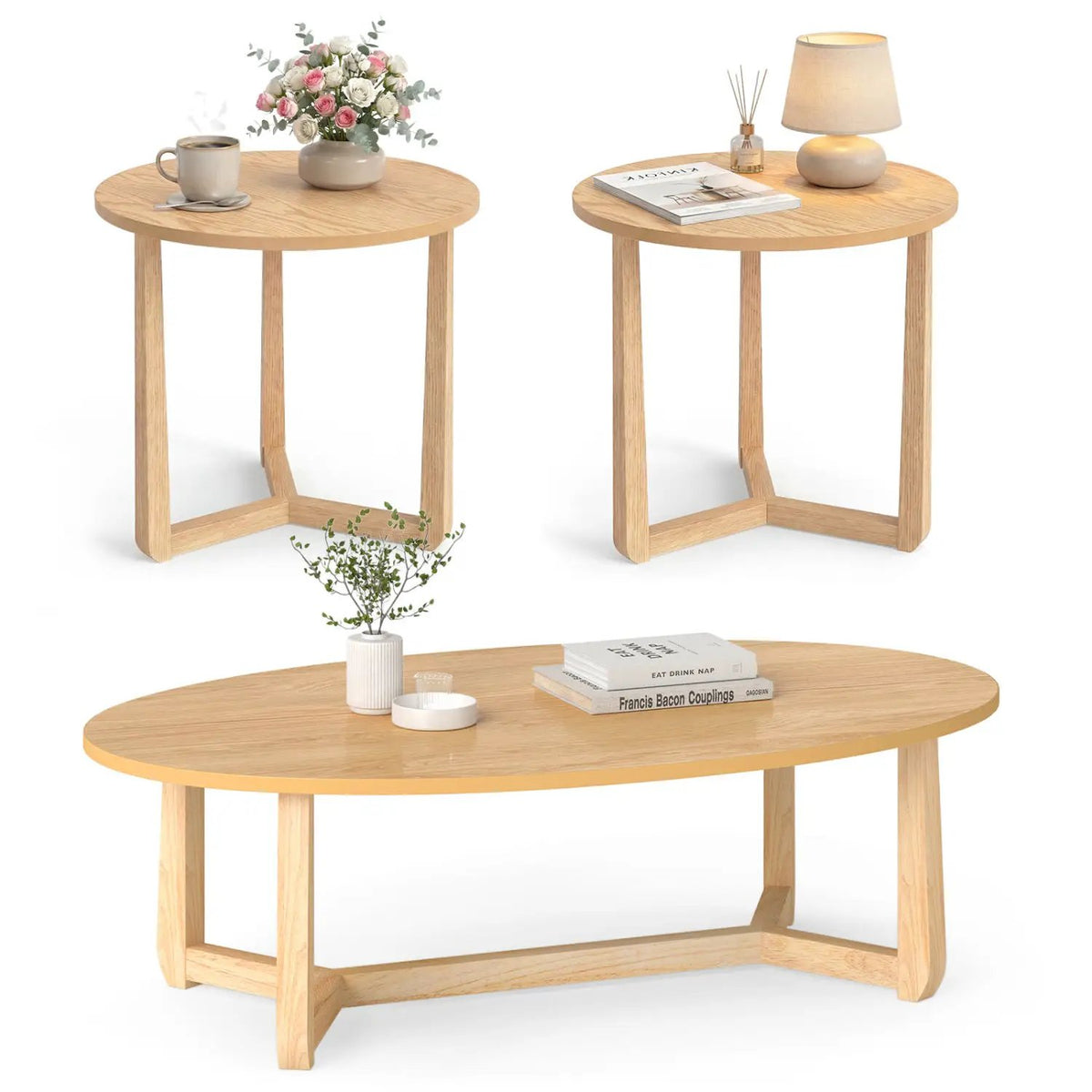 Nesting Coffee Table Set of 3 with Wood Veneered Top and Solid Rubber Wood Legs for Living Room by DirectDeals