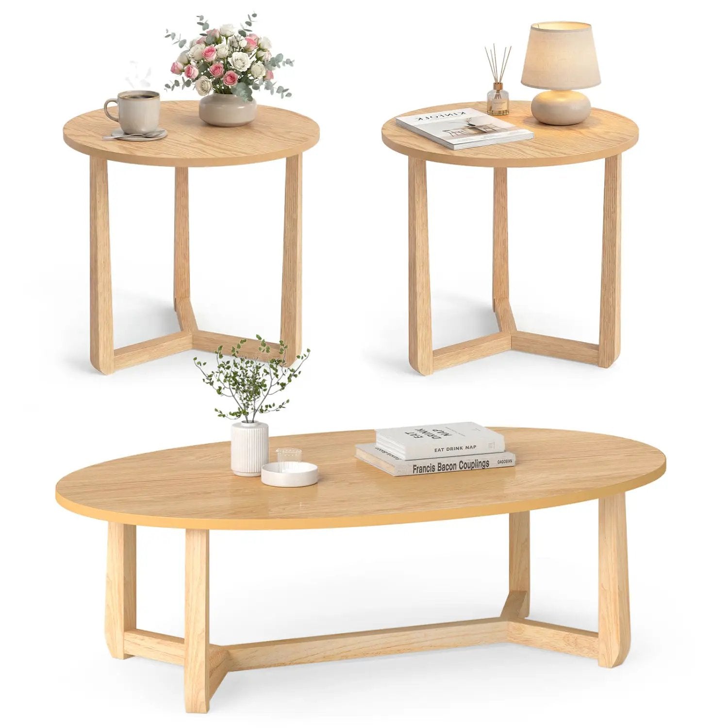Nesting Coffee Table Set of 3 with Wood Veneered Top and Solid Rubber Wood Legs for Living Room by DirectDeals