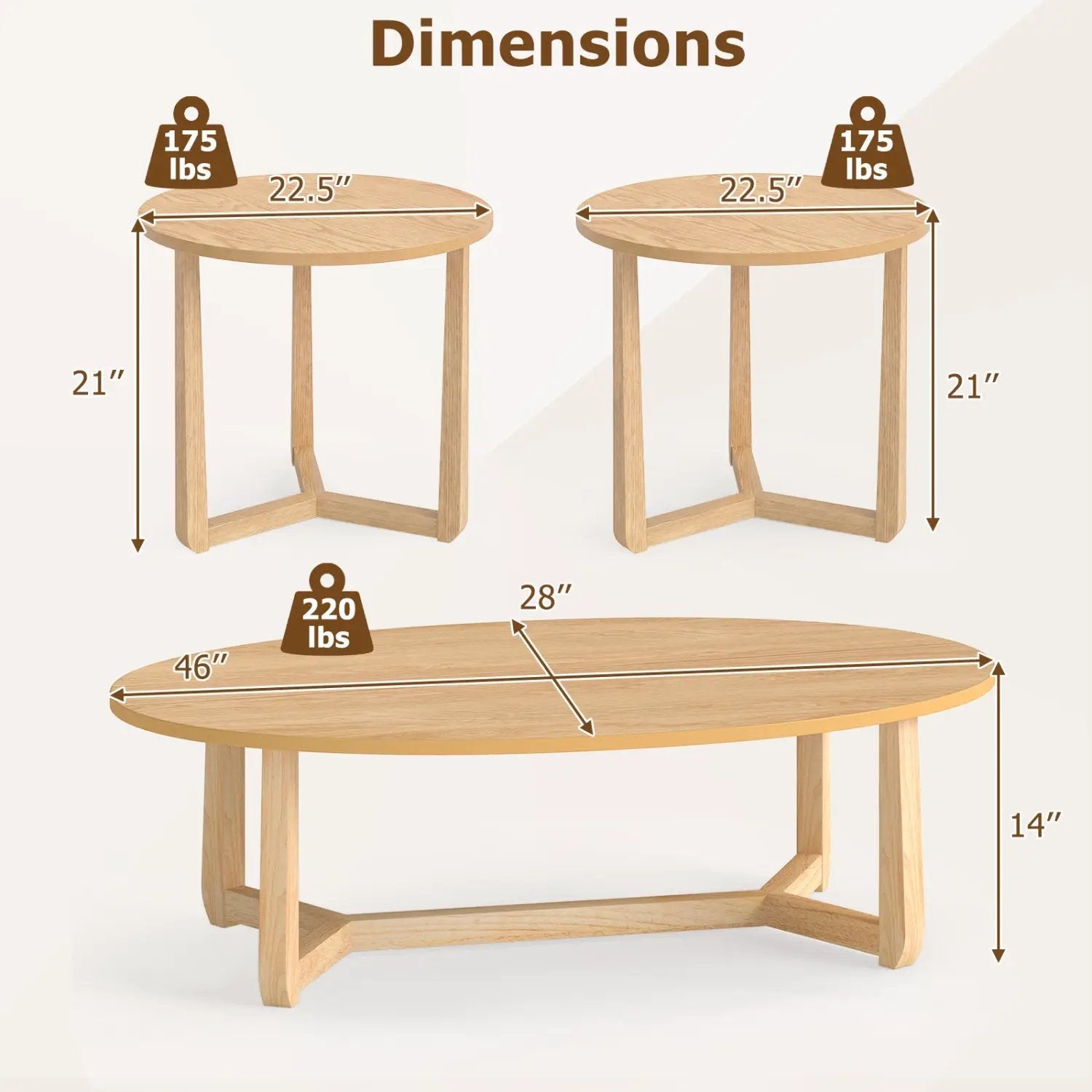 Nesting Coffee Table Set of 3 with Wood Veneered Top and Solid Rubber Wood Legs for Living Room by DirectDeals