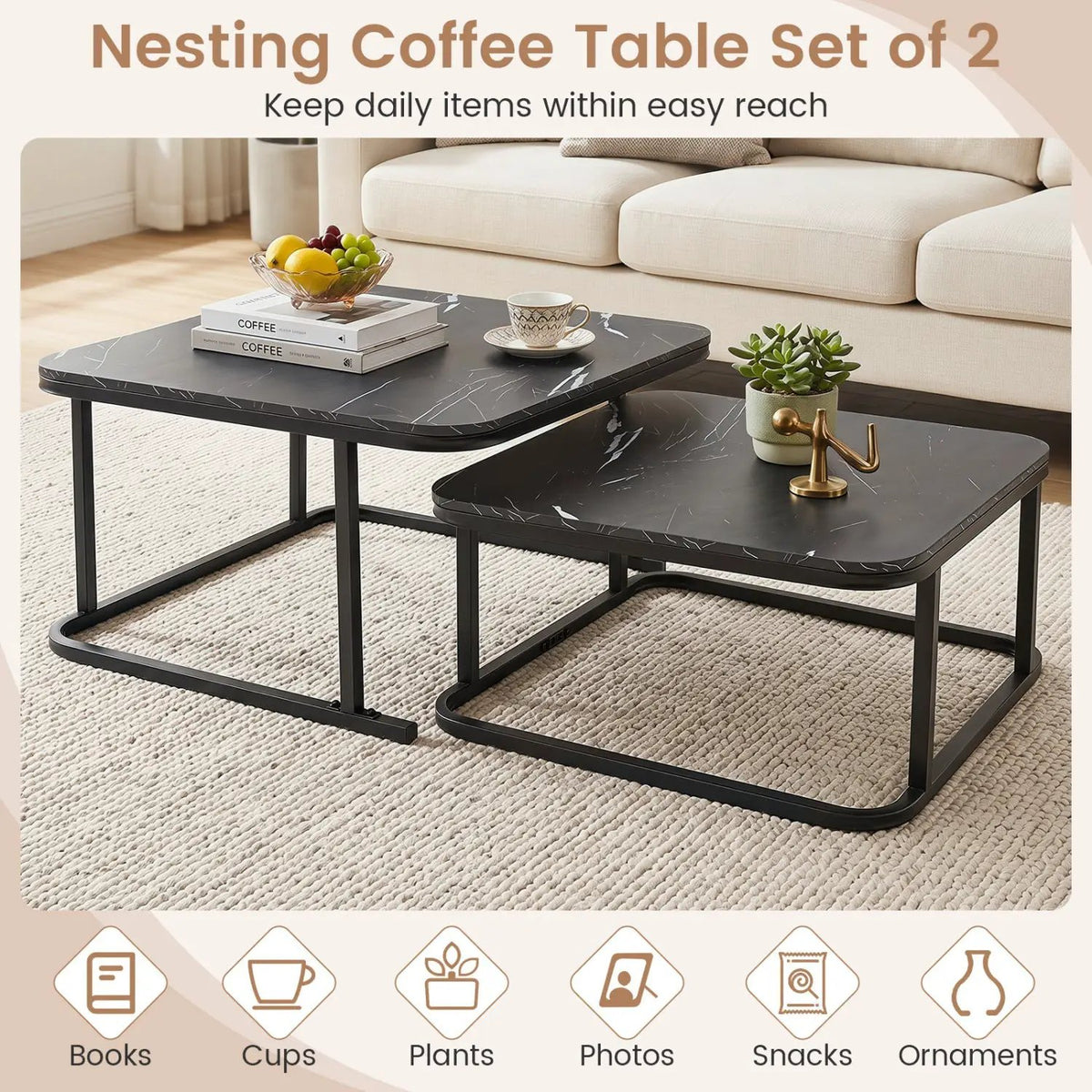 Nesting Coffee Table Set of 2 with Faux Marble Top by DirectDeals