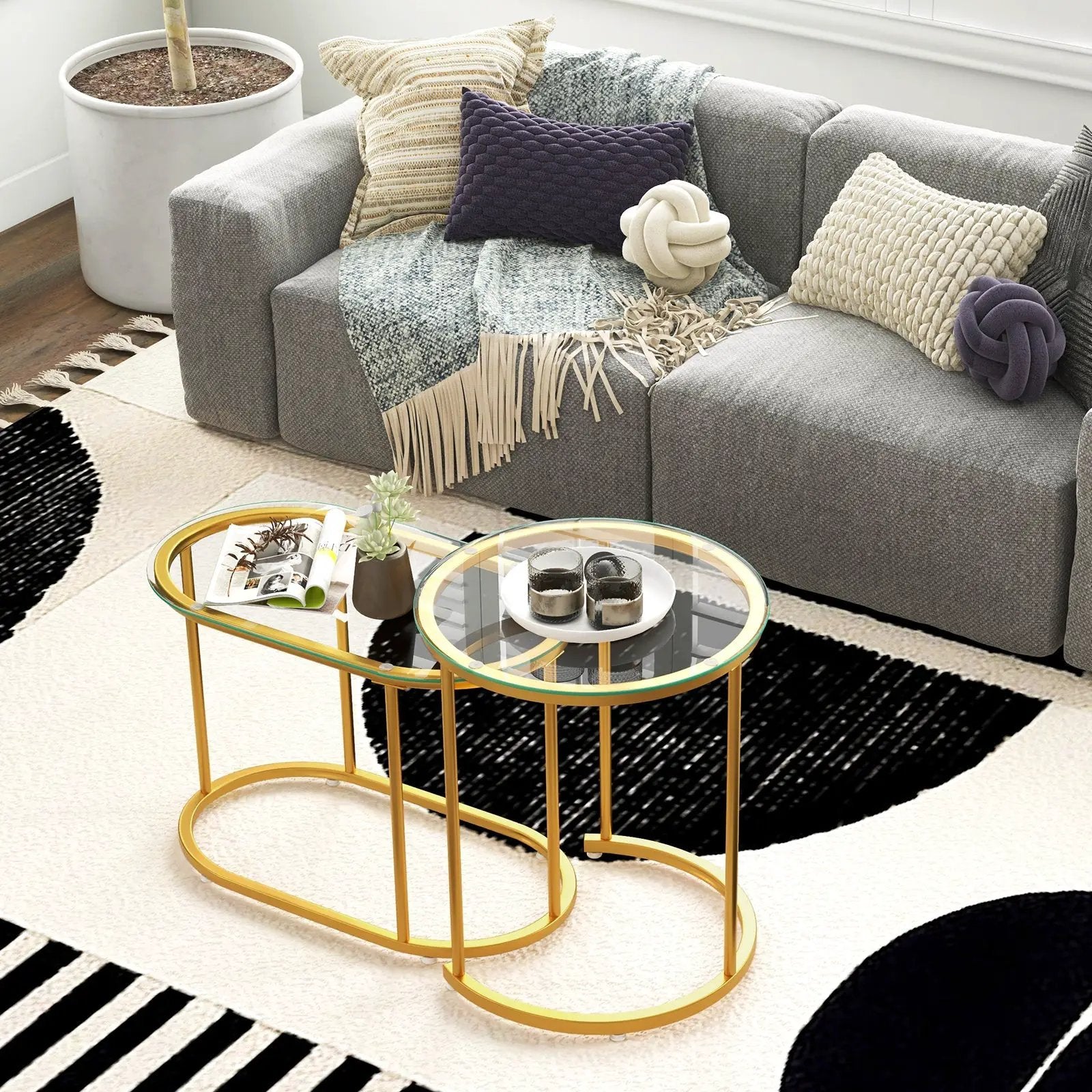 Nesting Coffee Table Set of 2 with Tempered Glass Tabletop-Golden by DirectDeals