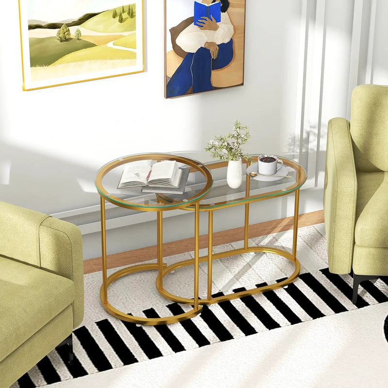 Nesting Coffee Table Set of 2 with Tempered Glass Tabletop-Golden by DirectDeals