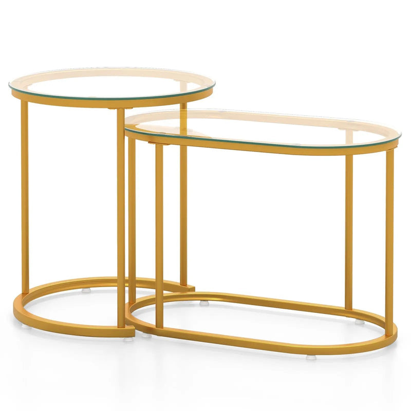 Nesting Coffee Table Set of 2 with Tempered Glass Tabletop-Golden by DirectDeals