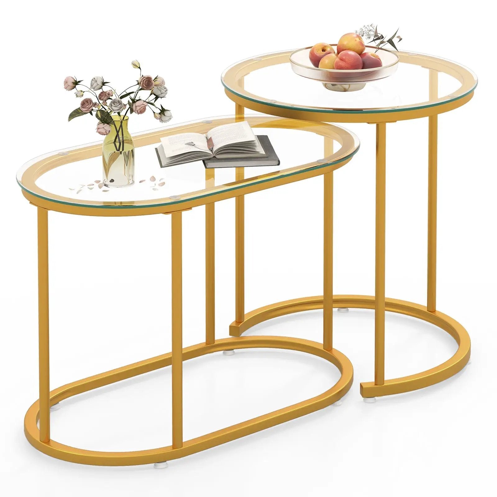 Nesting Coffee Table Set of 2 with Tempered Glass Tabletop-Golden by DirectDeals