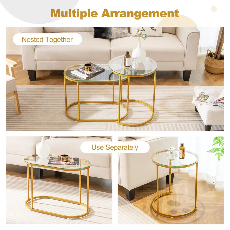Nesting Coffee Table Set of 2 with Tempered Glass Tabletop-Golden by DirectDeals