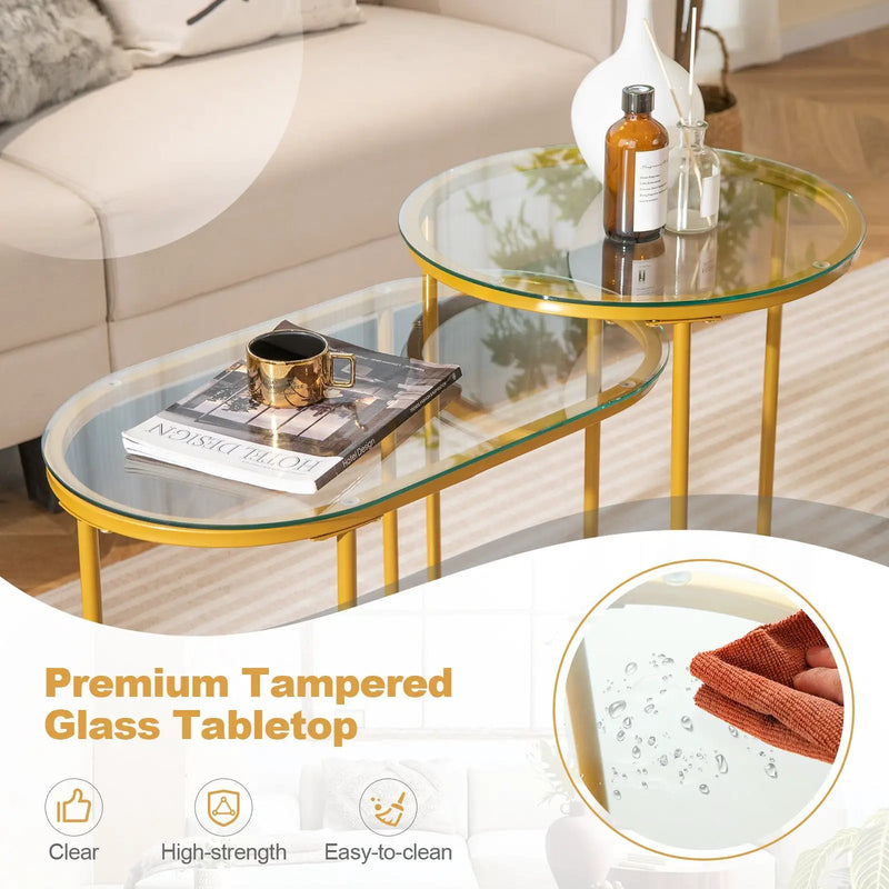Nesting Coffee Table Set of 2 with Tempered Glass Tabletop-Golden by DirectDeals