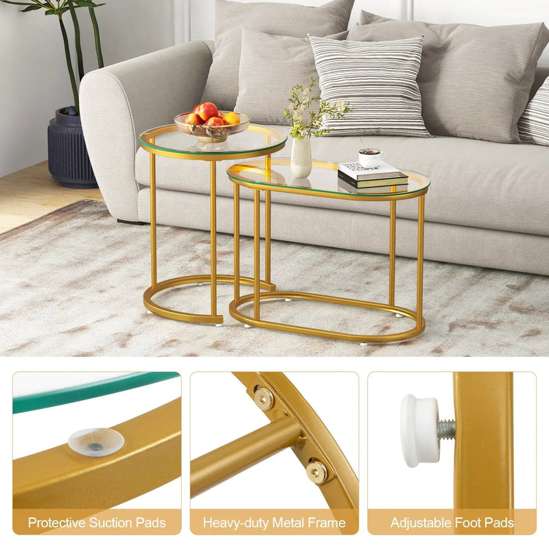 Nesting Coffee Table Set of 2 with Tempered Glass Tabletop-Golden by DirectDeals
