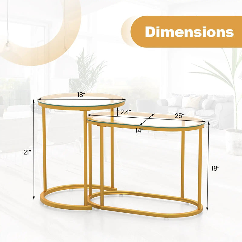 Nesting Coffee Table Set of 2 with Tempered Glass Tabletop-Golden by DirectDeals