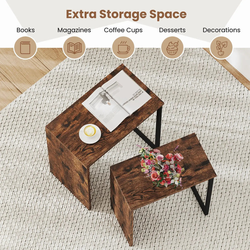 2-in-1 Nesting Coffee Table Set of 2 for Living Room and Bedroom-Rustic Brown by DirectDeals