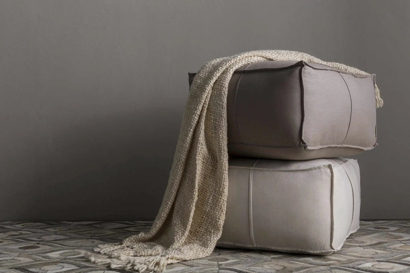 Friendsville Solid & Striped Ivory Pouf by Boutique Rugs
