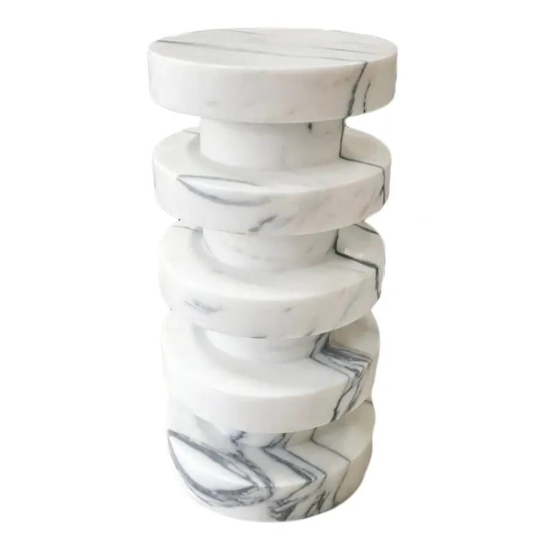 Sculptural White Turkish Marble Polished Designer Accent Side Table 12x12x24 Inches by GobekDesign
