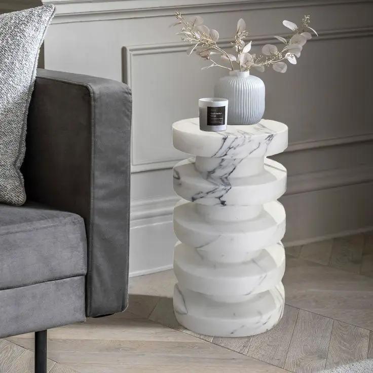 Sculptural White Turkish Marble Polished Designer Accent Side Table 12x12x24 Inches by GobekDesign