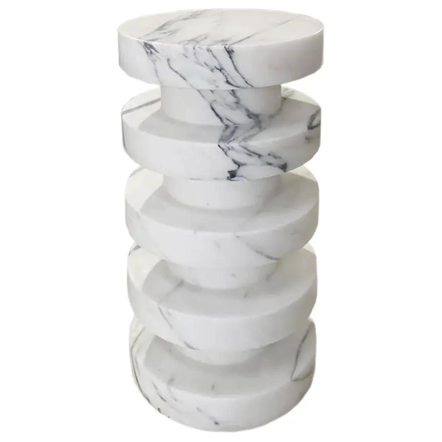 Sculptural White Turkish Marble Polished Designer Accent Side Table 12x12x24 Inches by GobekDesign