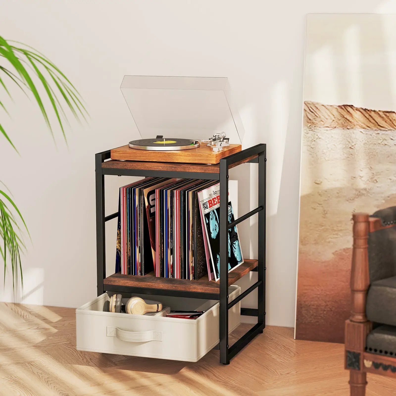 Nightstand Industrial Bedside Table with Open Storage Shelf and Fabric Drawer-Rustic Brown by DirectDeals