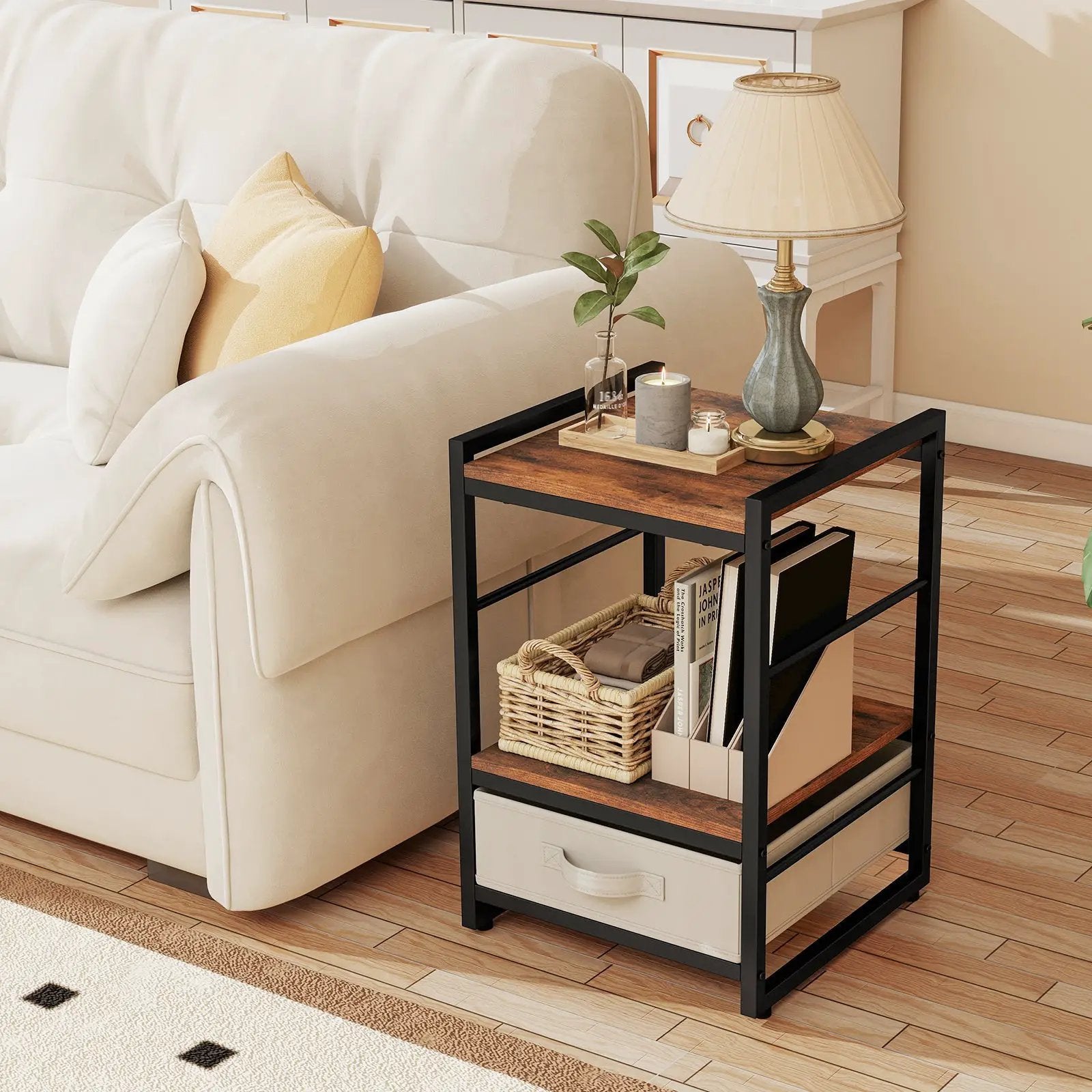 Nightstand Industrial Bedside Table with Open Storage Shelf and Fabric Drawer-Rustic Brown by DirectDeals