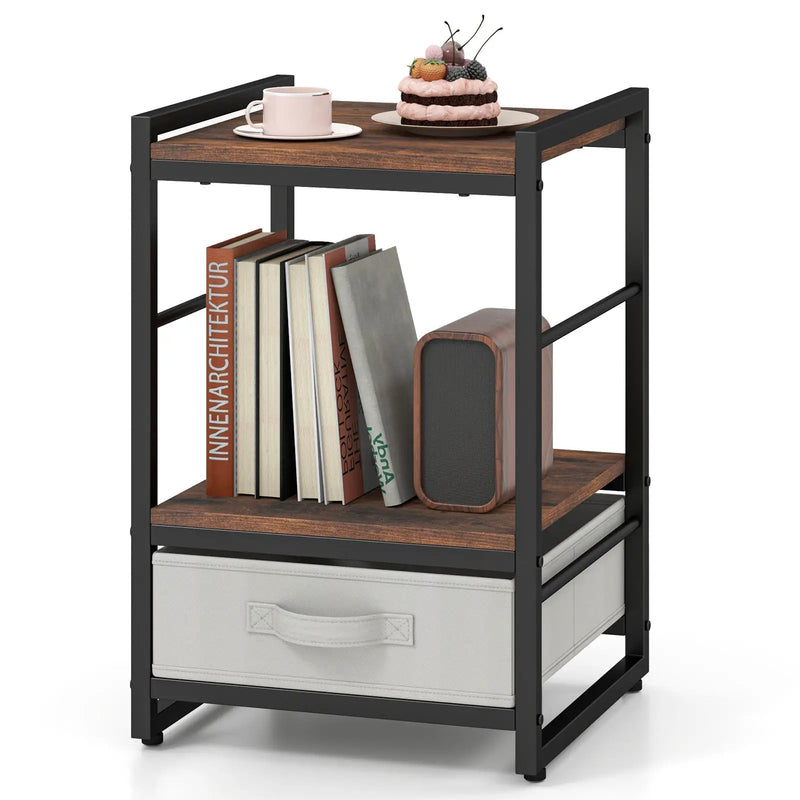 Nightstand Industrial Bedside Table with Open Storage Shelf and Fabric Drawer-Rustic Brown by DirectDeals