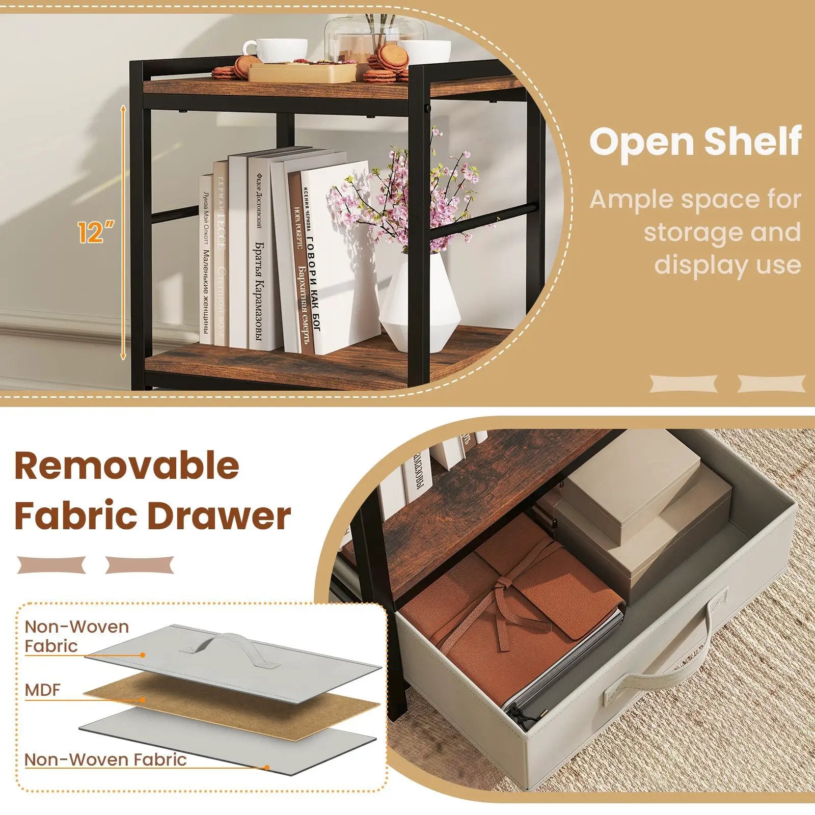 Nightstand Industrial Bedside Table with Open Storage Shelf and Fabric Drawer-Rustic Brown by DirectDeals