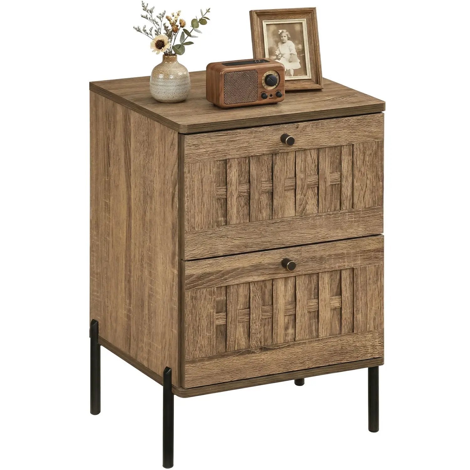 Nightstand Mid Century Modern End Table with Storage Drawers-Rustic Brown by DirectDeals