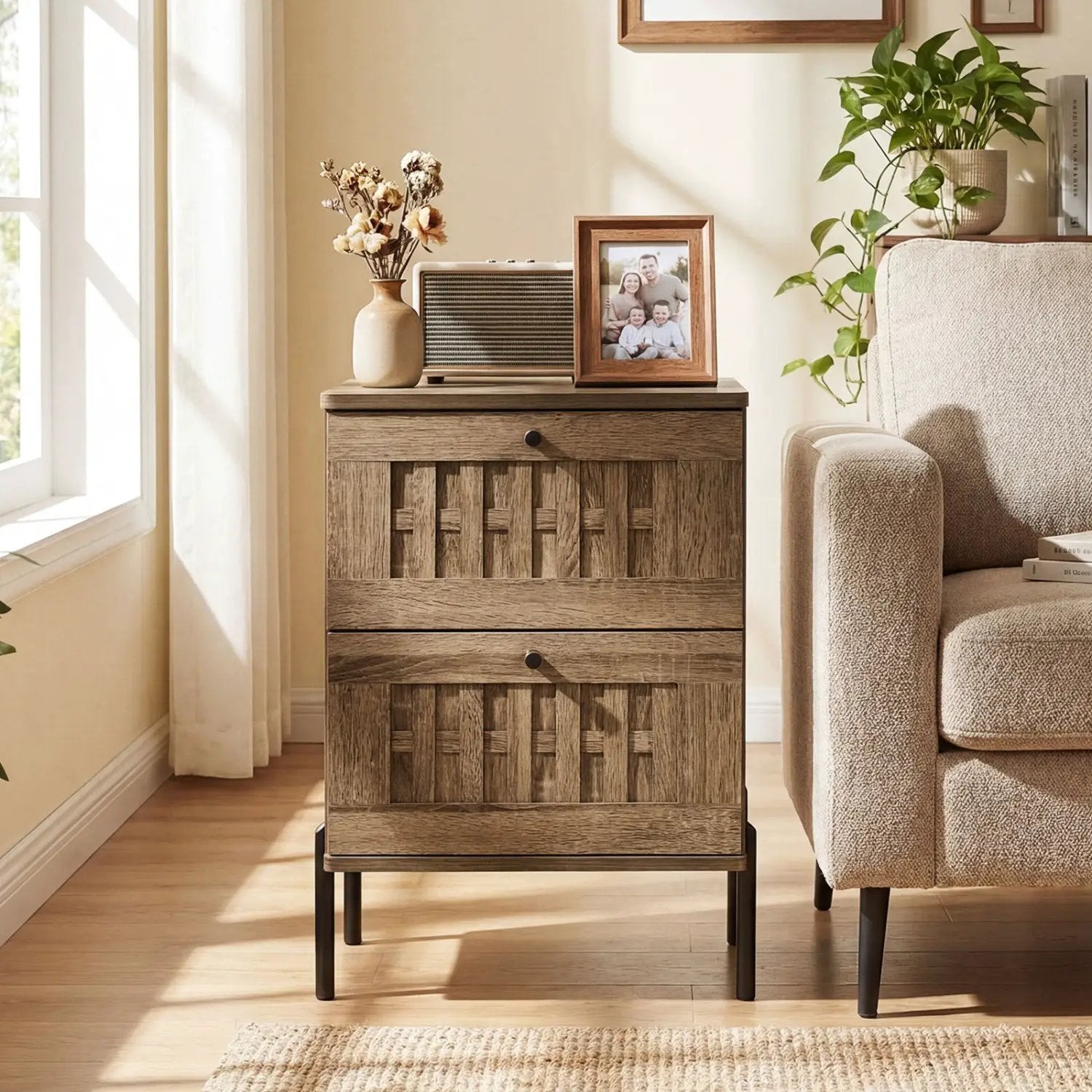 Nightstand Mid Century Modern End Table with Storage Drawers-Rustic Brown by DirectDeals