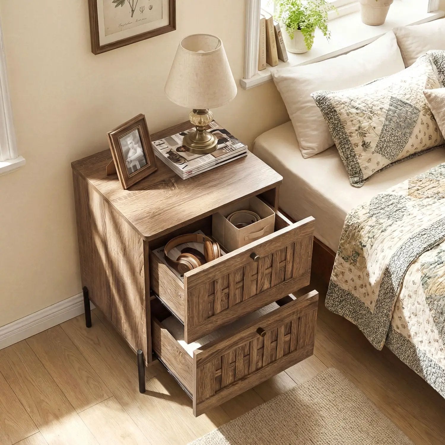 Nightstand Mid Century Modern End Table with Storage Drawers-Rustic Brown by DirectDeals