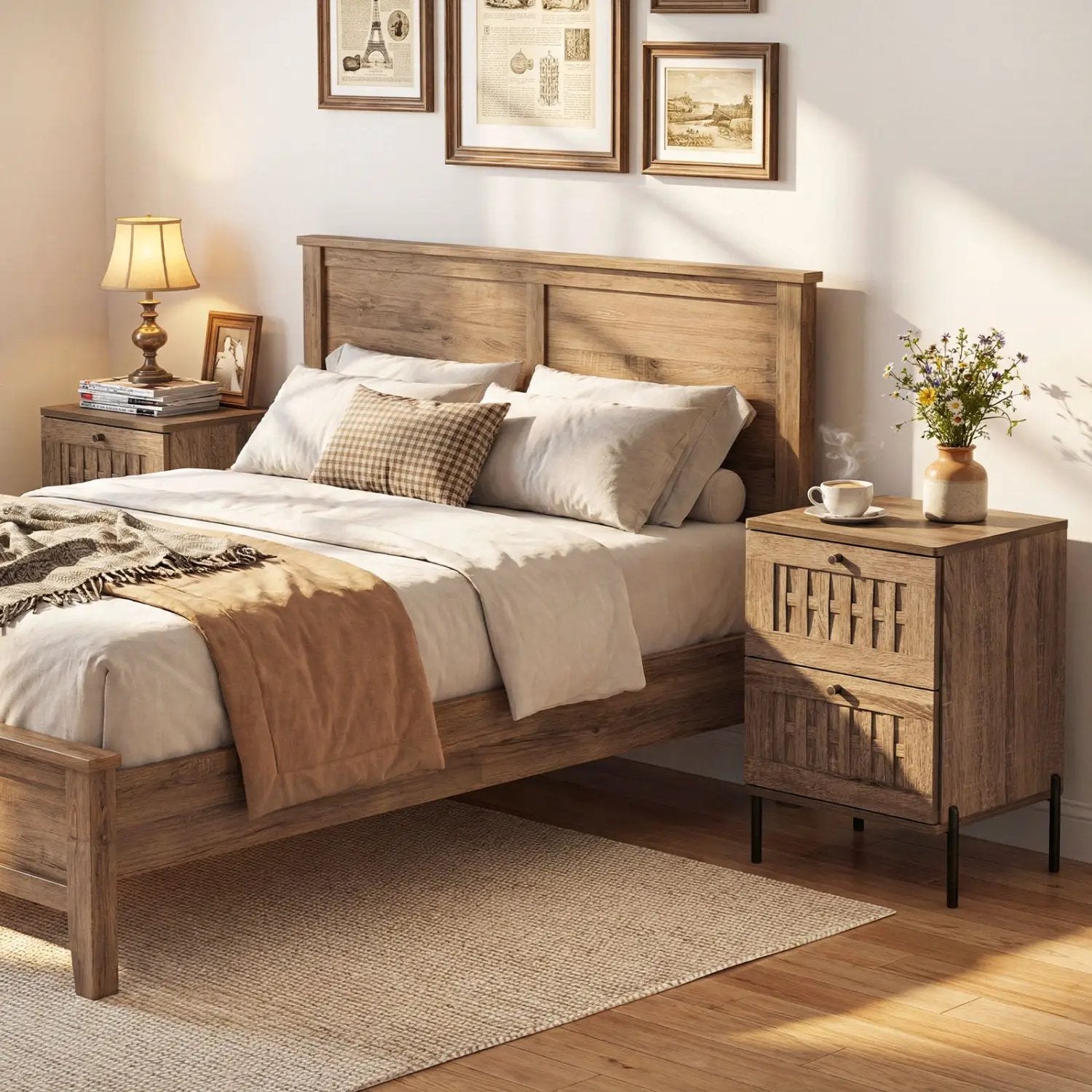 Nightstand Mid Century Modern End Table with Storage Drawers-Rustic Brown by DirectDeals