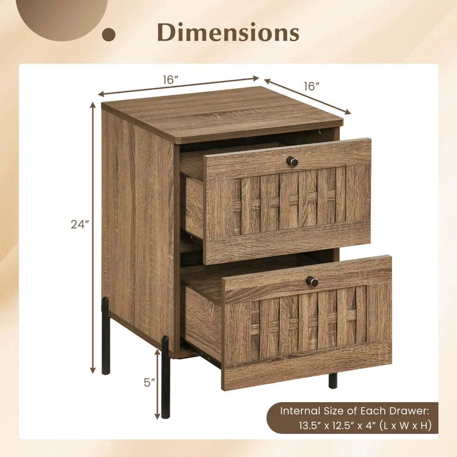 Nightstand Mid Century Modern End Table with Storage Drawers-Rustic Brown by DirectDeals