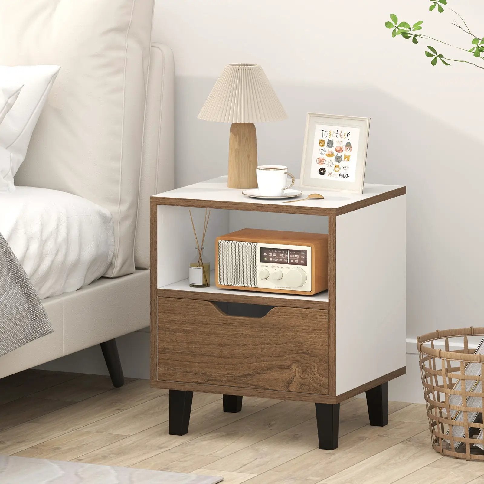 Nightstand with Drawer and Open Storage Shelf for Bedroom-White by DirectDeals