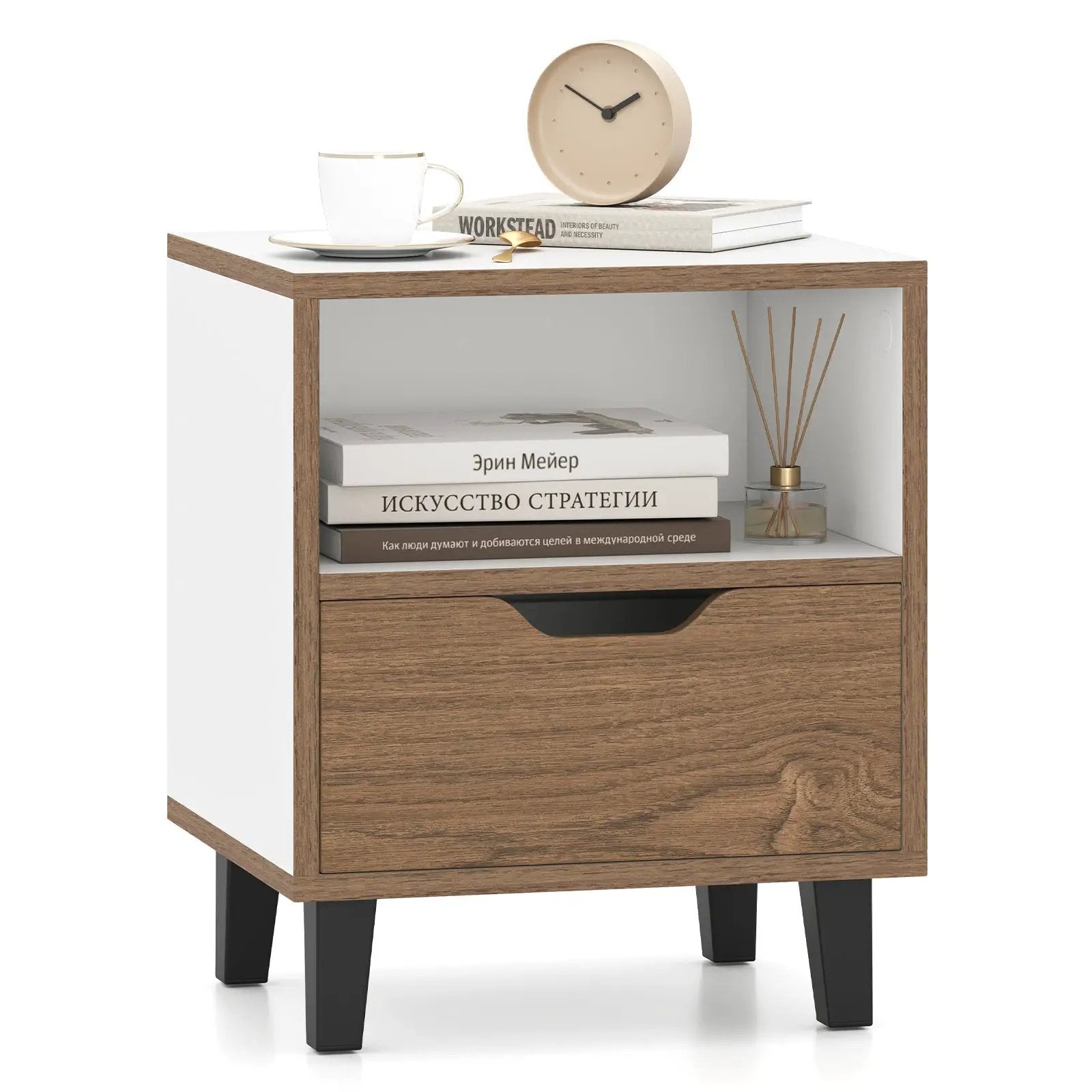 Nightstand with Drawer and Open Storage Shelf for Bedroom-White by DirectDeals