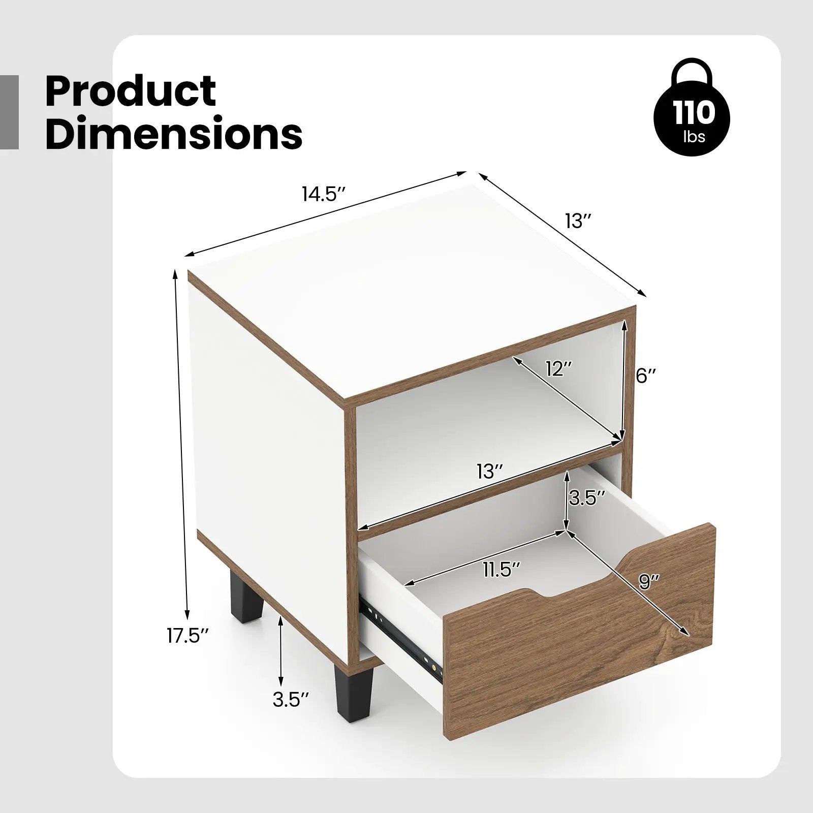 Nightstand with Drawer and Open Storage Shelf for Bedroom-White by DirectDeals