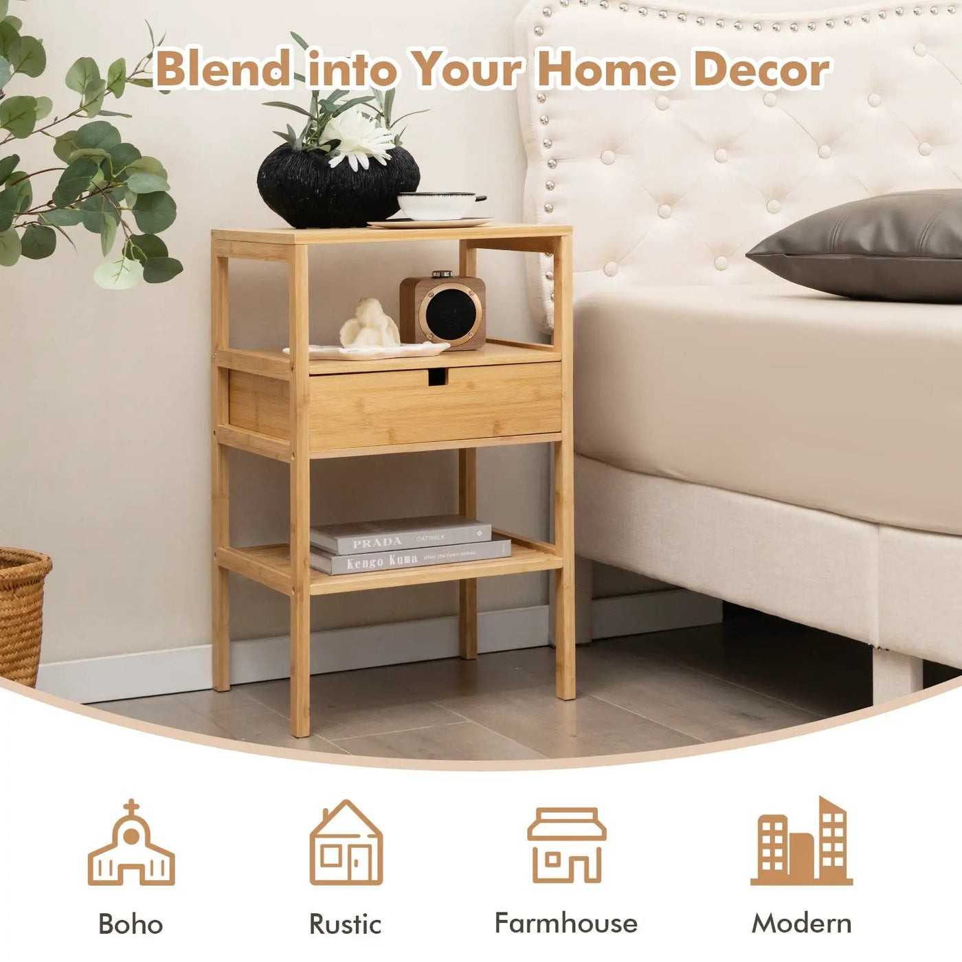 Bamboo Nightstand with Storage Drawer and Slatted Shelf by DirectDeals