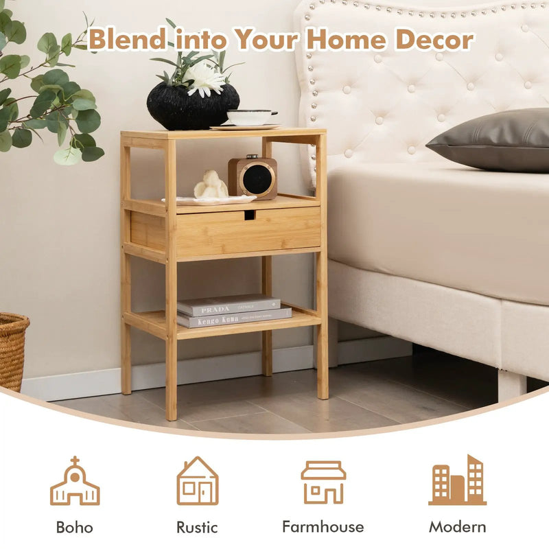 Bamboo Nightstand with Storage Drawer and Slatted Shelf by DirectDeals