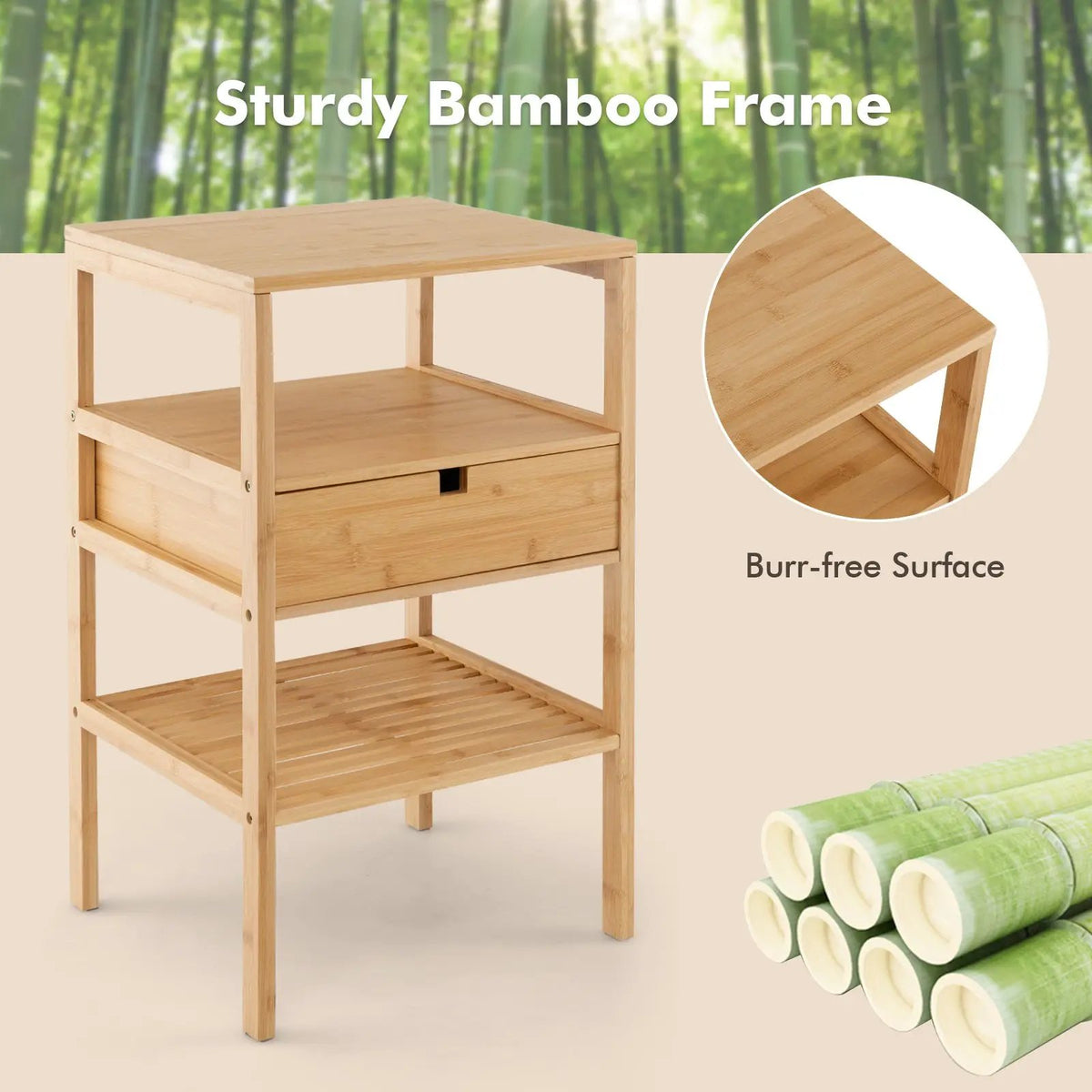 Bamboo Nightstand with Storage Drawer and Slatted Shelf by DirectDeals
