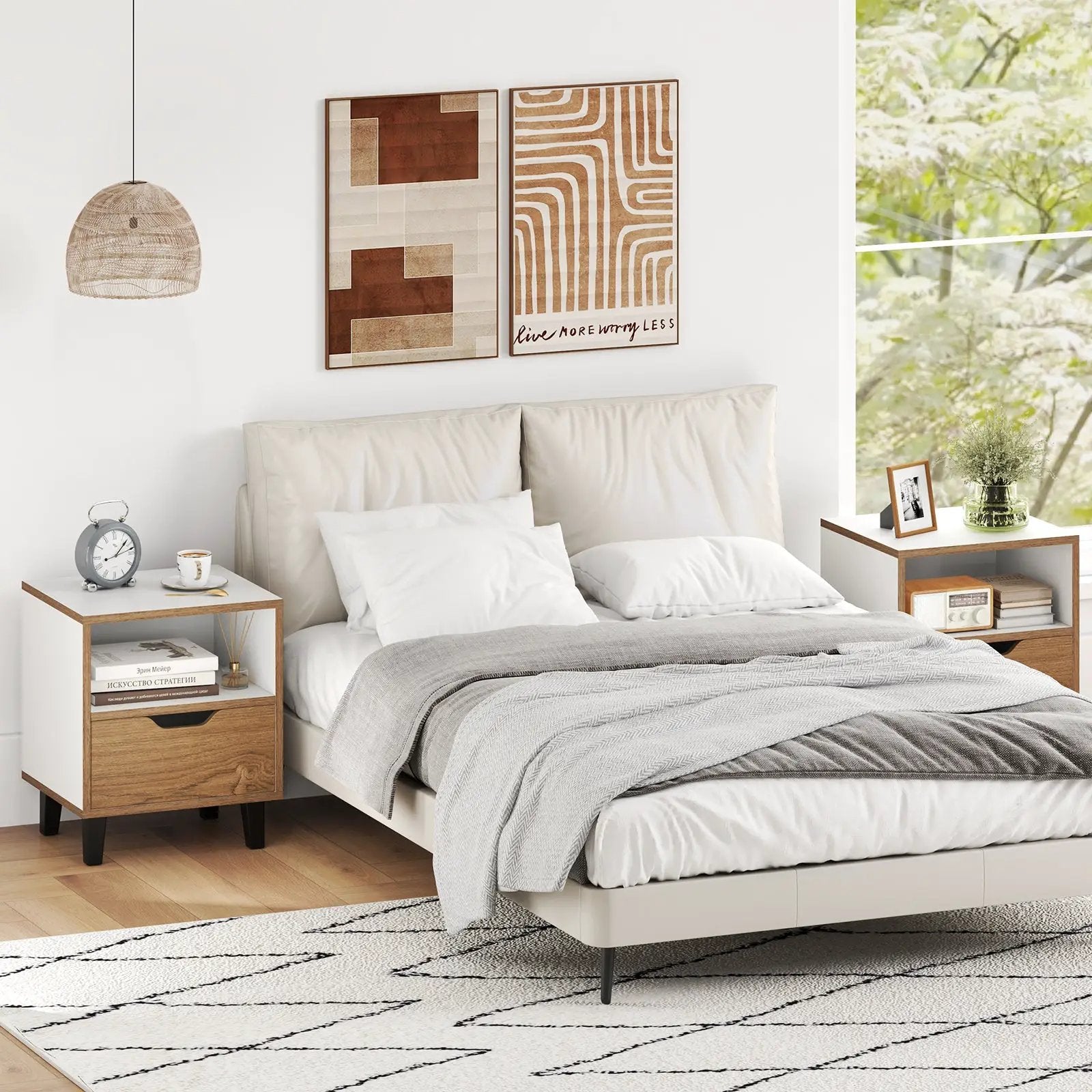 Nightstand Set of 2 with Drawer and Open Storage Shelf for Bedroom-White by DirectDeals