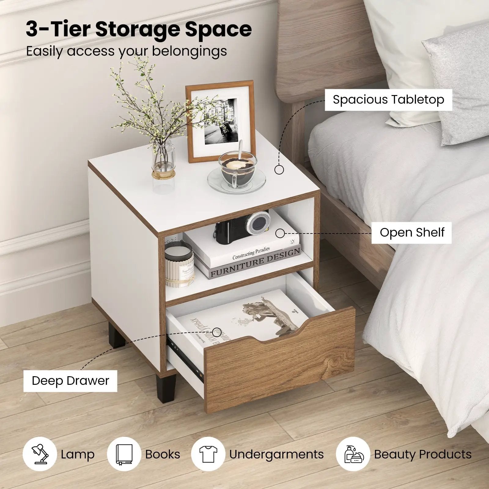 Nightstand Set of 2 with Drawer and Open Storage Shelf for Bedroom-White by DirectDeals