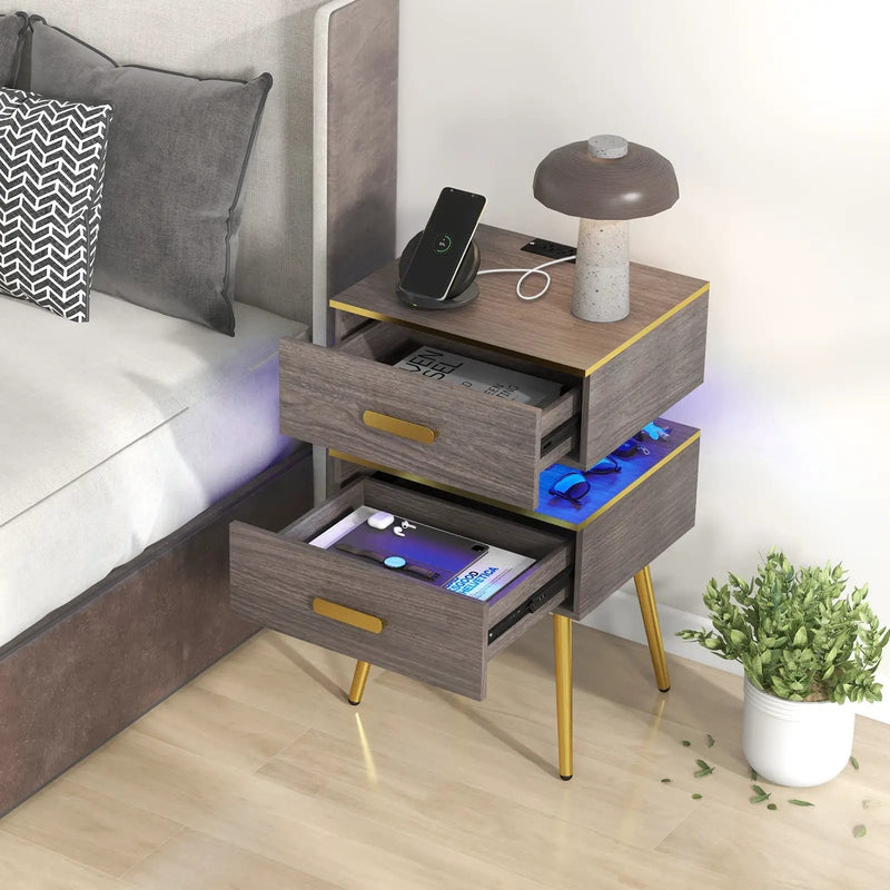 Nightstand Sofa Side Tables with Charging Station and 2 Drawers and LED lights-Gray by DirectDeals