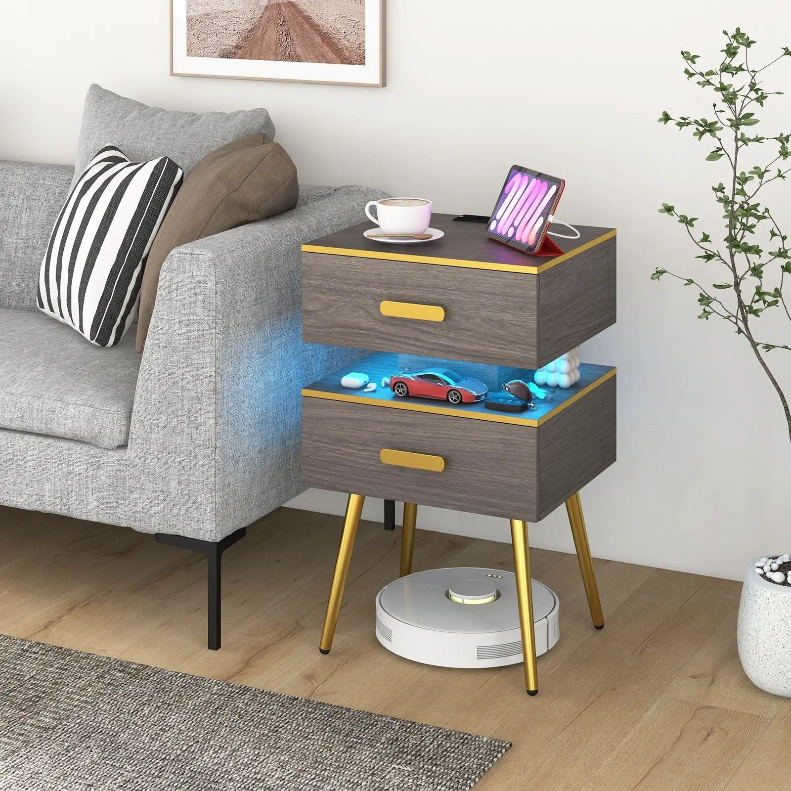 Nightstand Sofa Side Tables with Charging Station and 2 Drawers and LED lights-Gray by DirectDeals