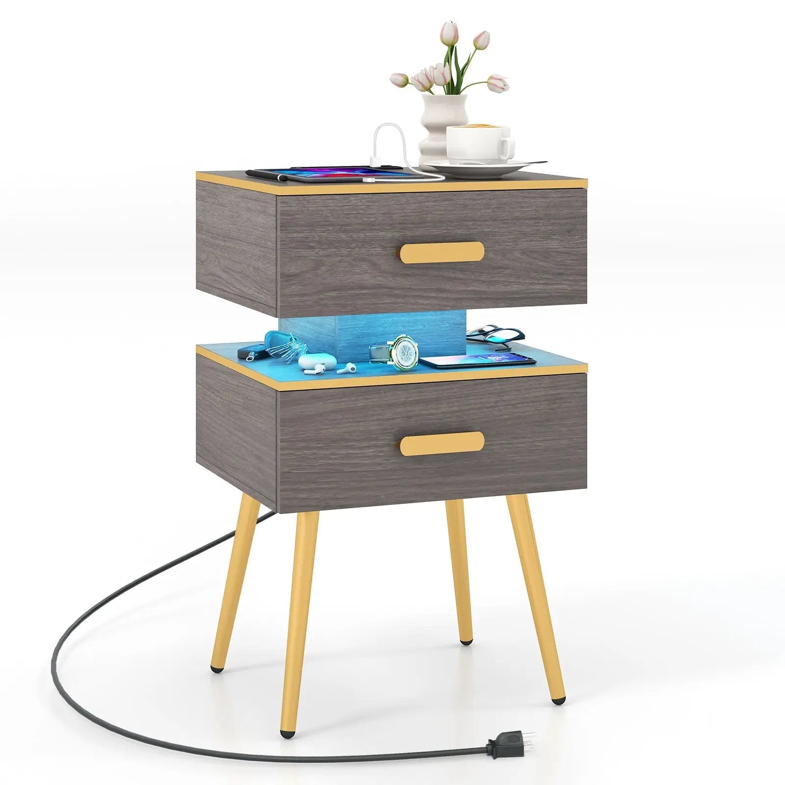Nightstand Sofa Side Tables with Charging Station and 2 Drawers and LED lights-Gray by DirectDeals