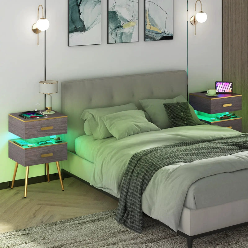 Nightstand Sofa Side Tables with Charging Station and 2 Drawers and LED lights-Gray by DirectDeals