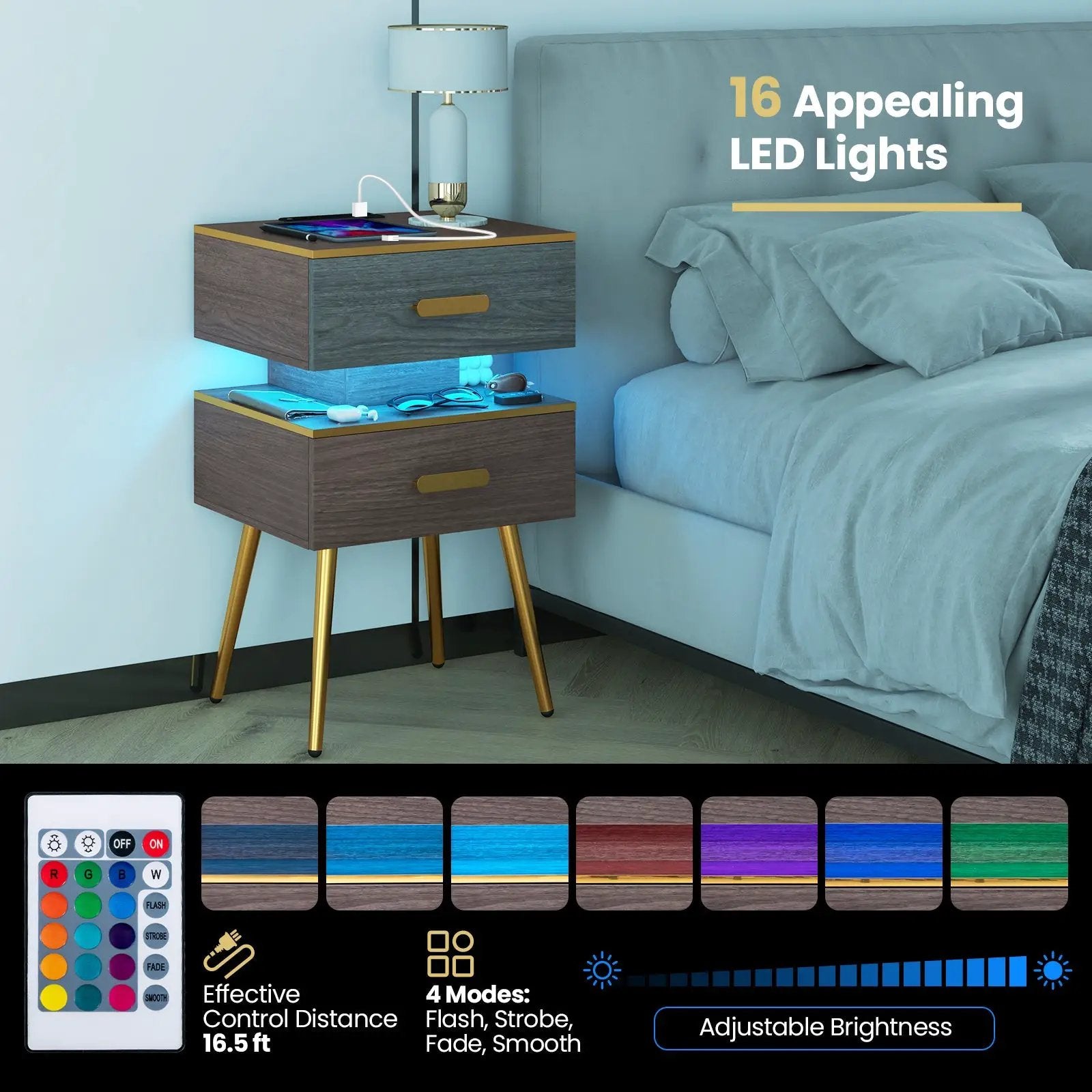 Nightstand Sofa Side Tables with Charging Station and 2 Drawers and LED lights-Gray by DirectDeals