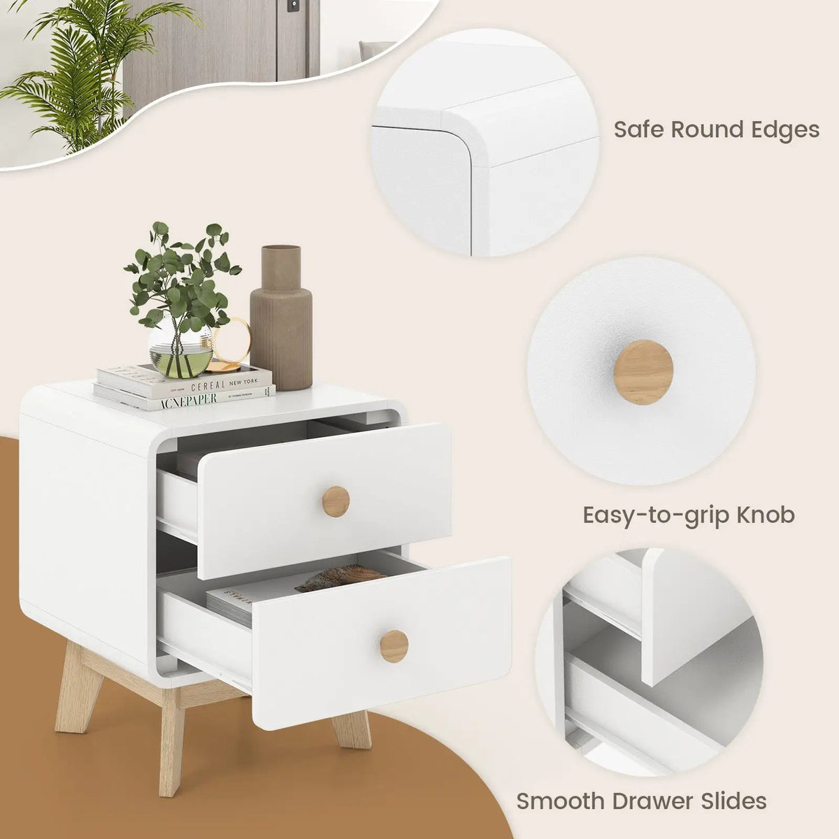 Nightstand with 2 Drawers Solid Rubber Wood Legs by DirectDeals