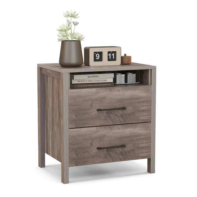 Nightstand with 2 Drawers Farmhouse Bed Side Table with Open Storage Shelf-Grey by DirectDeals
