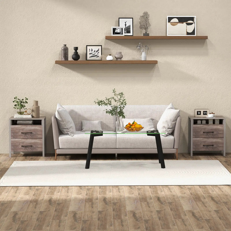 Nightstand with 2 Drawers Farmhouse Bed Side Table with Open Storage Shelf-Grey by DirectDeals